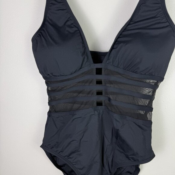 La Blanca Black Mesh Inset One Piece Swimsuit 10 Sexy Neck Monokini Resort Wear - Picture 4 of 10